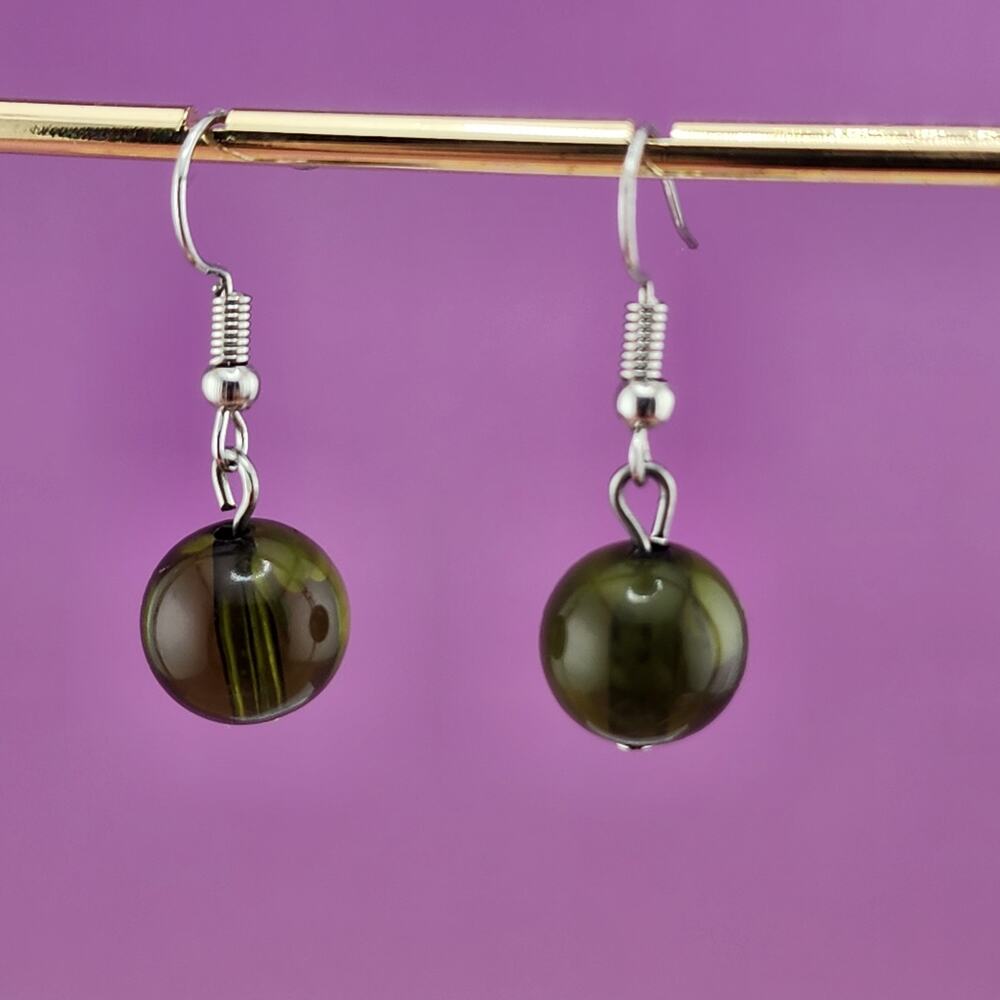 Olive Green Round Bead Dangle Earrings Silver Tone Hooks Earthy Boho
